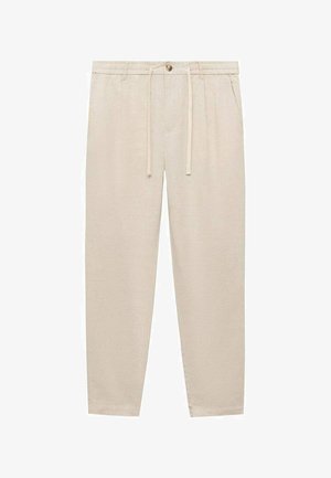 Bež lanene hlače s elastičnim pojasom, elastičnim manžetama, bočnim džepovima i jednim dugmetom za zatvaranje sprijeda.