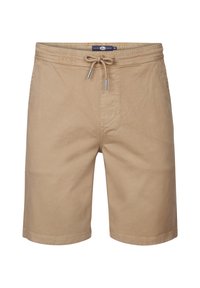 Beige bomuldsshorts med elastisk talje, justerbar snor og sidelommer. Har en glat tekstur og knælang pasform.