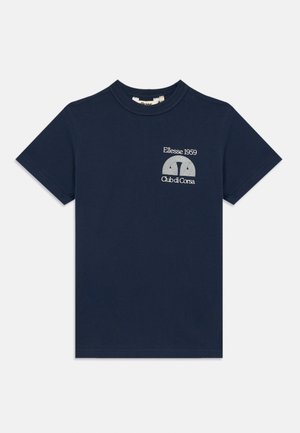 Marinblå bomullst-shirt med kort ärm, rund halsringning och broderad logotyp som har "Ellesse 1959" och "Club di Corsa."