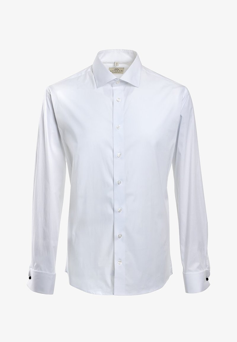 Witte langemouwen overhemd gemaakt van een zachte stof, met een spread collar, knoopsluiting aan de voorkant en contrasterende zwarte mouwaccenten.