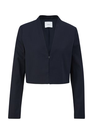 Marineblauwe cropped blazer met lange mouwen, een V-hals kraag, enkele sluiting met een knoop aan de voorkant en een soepele stofstructuur.