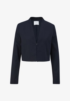Marineblauwe cropped blazer met lange mouwen, een V-hals kraag, enkele sluiting met een knoop aan de voorkant en een soepele stofstructuur.
