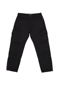 Pantalon cargo noir en denim, doté de multiples poches latérales, d'une coupe droite et d'ourlets zippés aux chevilles.