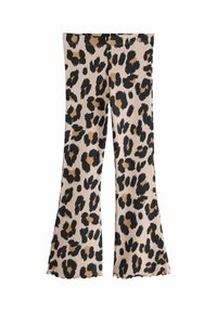 Pantalons évasés en imprimé léopard dans des teintes de beige, noir et marron ; texture côtelée ; ourlet festonné ; ajustés au niveau des cuisses et évasés en bas.