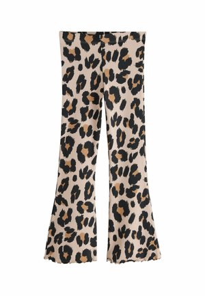 Pantaloni evazați cu imprimeu leopard în nuanțe de bej, negru și maro; textură ribbată; tiv în formă de scoică; strâmți pe coapse și evazați la baza.