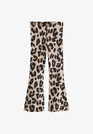 Pantalons évasés en imprimé léopard dans des teintes de beige, noir et marron ; texture côtelée ; ourlet festonné ; ajustés au niveau des cuisses et évasés en bas.