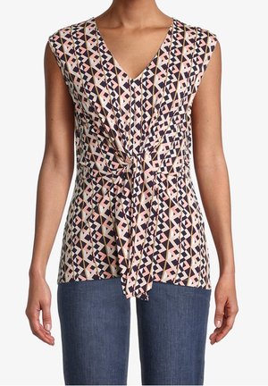 Ærmeløs top med V-hals, der har et geometrisk mønster i pink, marineblå og creme. Bindes ved taljen for en figursyet silhuet.