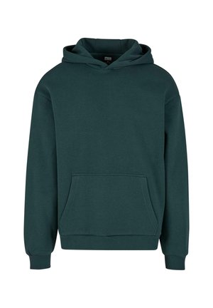 Dunkelgrüner Kapuzenpullover aus weichem Stoff, mit einer Kängurutasche, gerippten Bündchen und einer lässigen Passform.