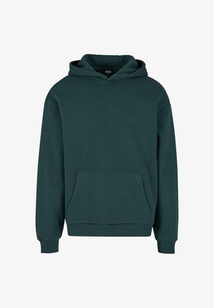 Sudadera con capucha de color verde oscuro, hecha de tela suave, que incluye un bolsillo tipo canguro, puños acanalados y un ajuste relajado.