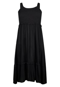Vestido maxi negro con tirantes finos, corsé fruncido, cintura con volantes y falda fluida en capas. Fabricado con tejido ligero.