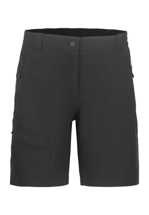 Sorte knælange shorts med forreste knap, bæltestropper og lynlåslommer på begge sider, designet til udendørs aktiviteter.