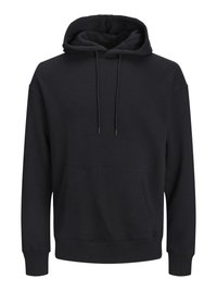 Black hoodie made of cotton. Features a kangaroo pocket, drawstring hood, and ribbed cuffs. Simple, unembellished design.