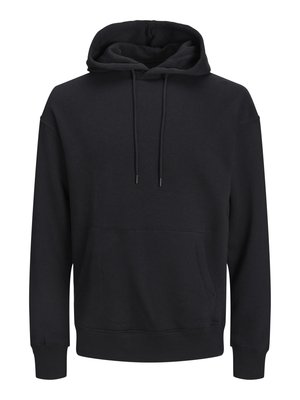 Sort hættetrøje lavet af bomuld. Har en kængurulomme, snoretræk i hætten og ribbede manchetter. Enkel, udekoreret design.