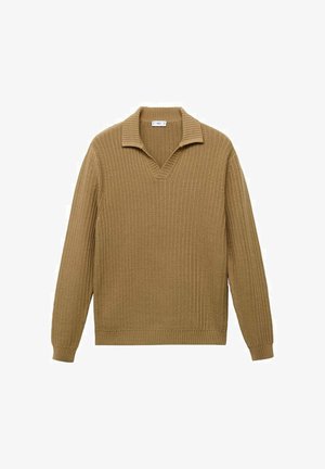 Pletena džempera u svijetlo smeđoj boji s V-oblika dekolteom i rebrastim ovratnikom. Ima teksturirane uzorke na tkanini i duge rukave.