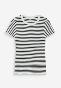 Maglietta a maniche corte in maglia a coste con righe orizzontali bianche e nere e scollo rotondo, distesa su uno sfondo bianco.