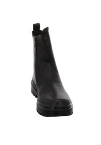 Stivali alla caviglia in pelle nera con una superficie liscia, dotati di una zip laterale, una linguetta per facilitarne l'indossamento e una suola in gomma robusta per una buona aderenza.