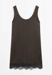 Abito senza maniche marrone scuro con scollo a U e bordo in pizzo nero lungo l'orlo, disteso su uno sfondo bianco.