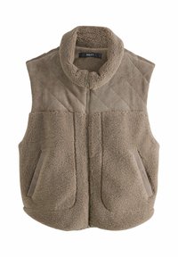 Braune, ärmellose Weste mit einem strukturierten, fleeceähnlichen Körperteil, gesteppter Oberseite, Reißverschluss und zwei Seitentaschen.