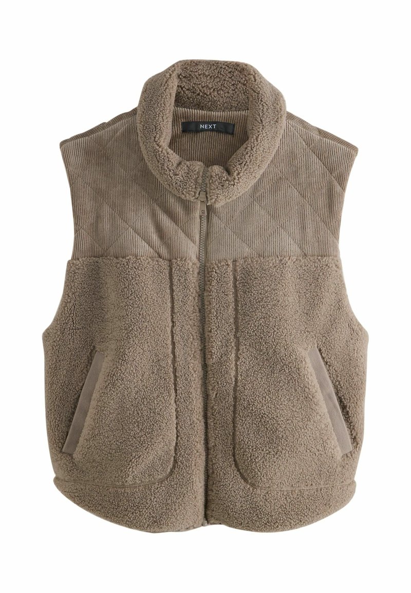 Braune, ärmellose Weste mit einem strukturierten, fleeceähnlichen Körperteil, gesteppter Oberseite, Reißverschluss und zwei Seitentaschen.