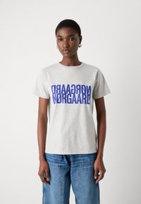 Gray cotton t-shirt featuring bold blue text reading "NORGAARD" in a stacked, mirrored design, with a round neckline and short sleeves.