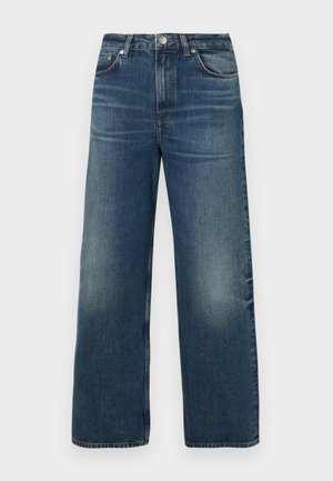 Blauwe wijde denim jeans met knoop- en ritssluiting aan de voorkant, voor- en achterzakken en vervaagde details op de dijen.