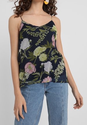 Camisola floreale in tessuto blu scuro, con fiori vivaci rosa e verdi. Spalline regolabili e vestibilità morbida.