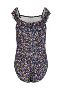 Maillot de bain une pièce floral avec un fond sombre, des fleurs multicolores, des bretelles à volants et une texture lisse.
