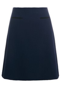 Navy blue a-line skirt made of textured fabric, featuring two front pockets with black trim, mid-length cut, and clean stitching.