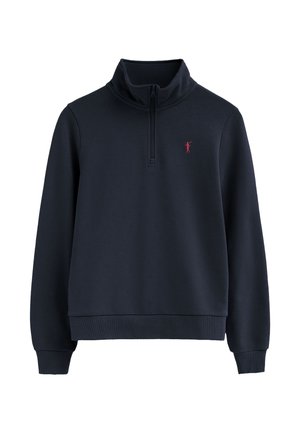 Maglia a maniche lunghe blu navy con collo a zip parziale e piccolo logo di golfista rosso ricamato sul petto sinistro.