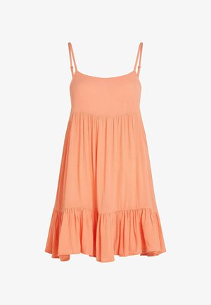 Virsikuvärviline, varrukateta kleit õhukeste rihmadega, keha ümber vormitud ja laieneva seelikuga, millel on volangidega ääris. Valmistatud kergest kangast.