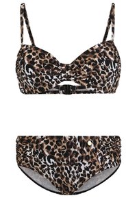 Conjunto de bikini con estampado de leopardo, que incluye un top estructurado y acolchado con un nudo en el centro y tirantes ajustables; parte inferior fruncida a juego.