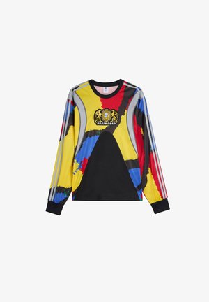 Camiseta deportiva de manga larga con patrones abstractos en negro, amarillo, rojo, azul y gris y un logotipo de Brain Dead en el pecho.