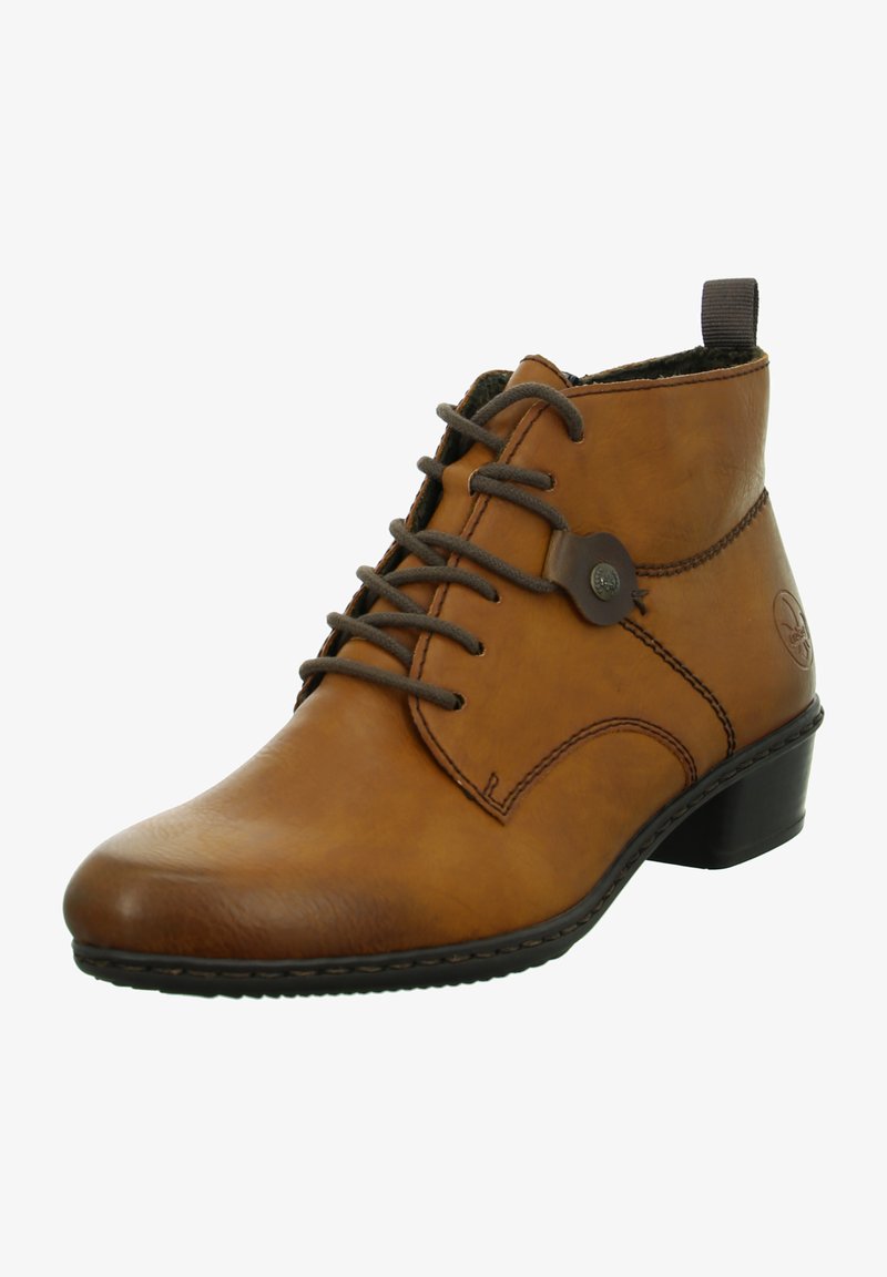 Braune Leder-Ankle-Boots mit runder Zehenform, Schnürung vorne und kleinem Absatz. Verfügt über Steppnähte und ein seitliches Logo-Detail.