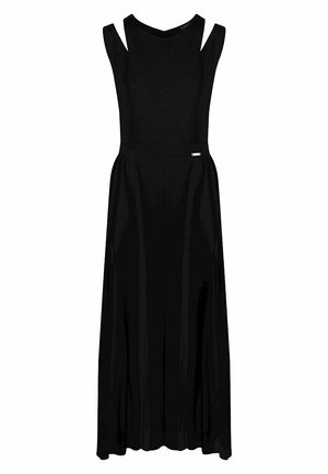 Czarna długa sukienka z dopasowanym gorsetem i szerokimi, nieco opadającymi ramiączkami. Gładka faktura, spódnica do kolan i dyskretny detal z logo.