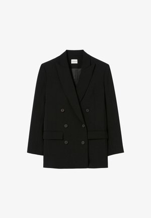 Blazer negro de doble botonadura con solapa muesca, hombros estructurados y dos bolsillos frontales. Hecho de una tela suave y texturizada.