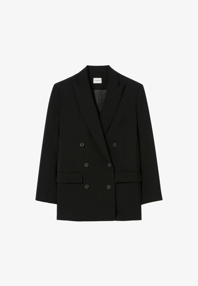 Blazer nero doppiopetto con rever a soffietto, spalle strutturate e due tasche frontali. Realizzato in un tessuto liscio e testurizzato.