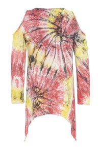 Langärmliges Batik-Top mit kalten Schulterauschnitten. Verfügt über rote, gelbe und schwarze Muster auf einem weißen Hintergrund. Abgerundeter Saum.