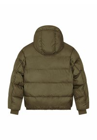 Doudoune verte avec capuche amovible, design matelassé, poignets et ourlet élastiques. Texture lisse avec une apparence légère et isolante.