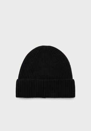 Black ribbed knit beanie hat with a folded cuff at the base, displayed on a plain white background.