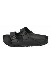 Black slide sandals made of rubber, featuring two adjustable straps with buckles and a textured footbed for comfort. Flat sole design.