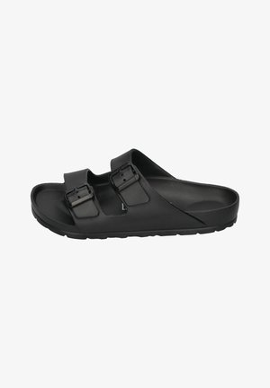 Schwarze Rutschen Sandalen aus Gummi, mit zwei verstellbaren Riemen und Schnallen sowie einem strukturierten Fußbett für zusätzlichen Komfort. Flaches Sohlen-Design.