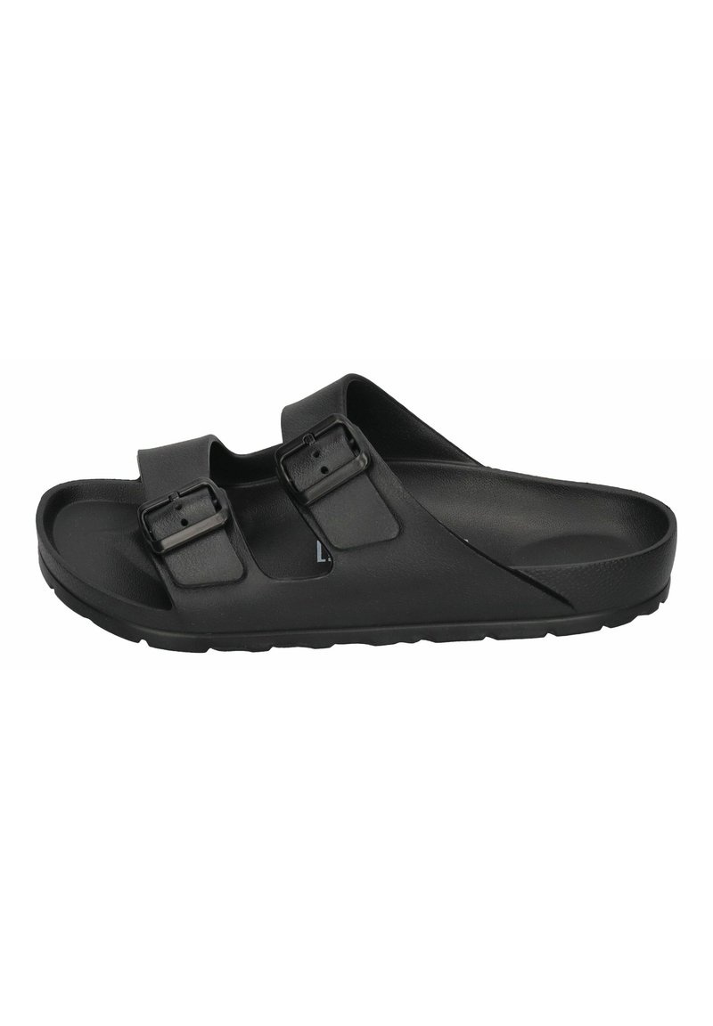 Black slide sandals made of rubber, featuring two adjustable straps with buckles and a textured footbed for comfort. Flat sole design.