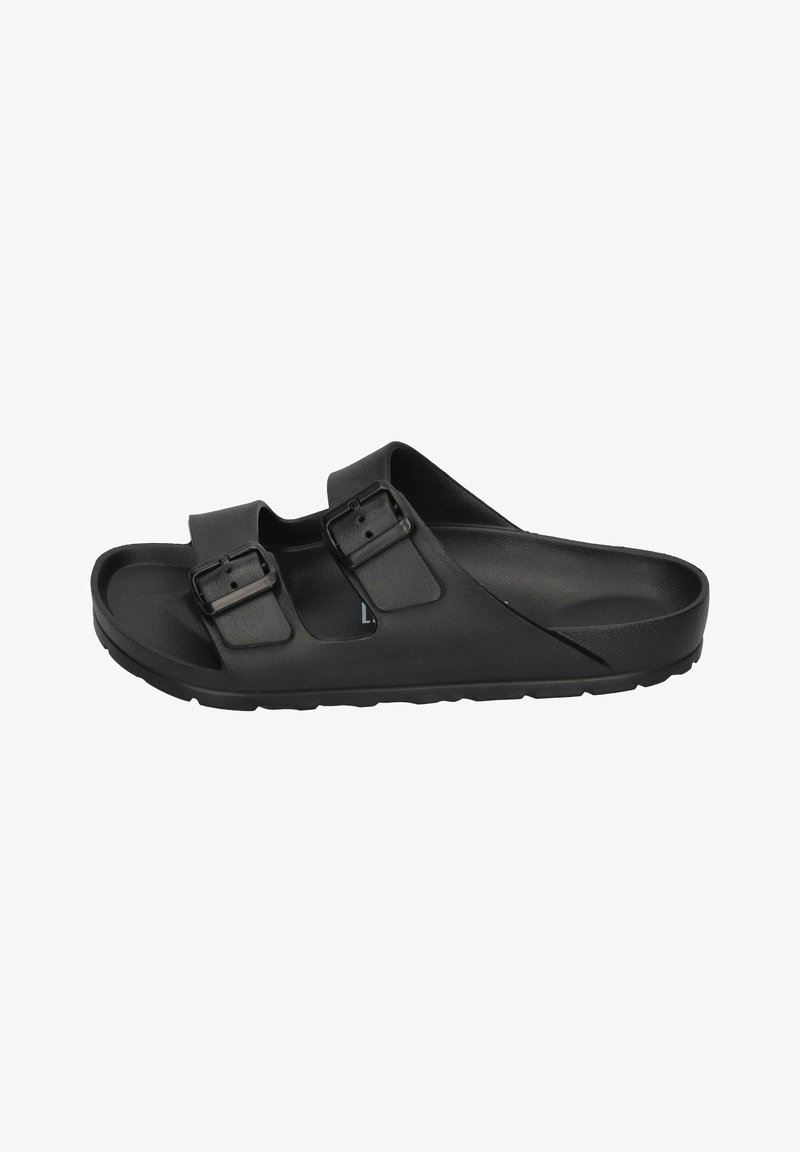 Black slide sandals made of rubber, featuring two adjustable straps with buckles and a textured footbed for comfort. Flat sole design.
