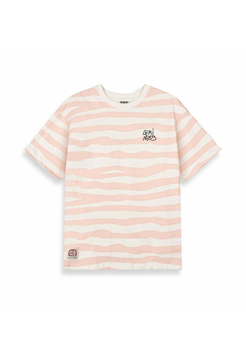 Camiseta de manga corta a rayas en rosa claro y crema, con un pequeño logo negro en el pecho y una etiqueta tejida en el dobladillo.