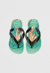 Black rubber flip-flops with teal and orange graphic pattern featuring aquatic designs. Textured straps and a cushioned footbed.