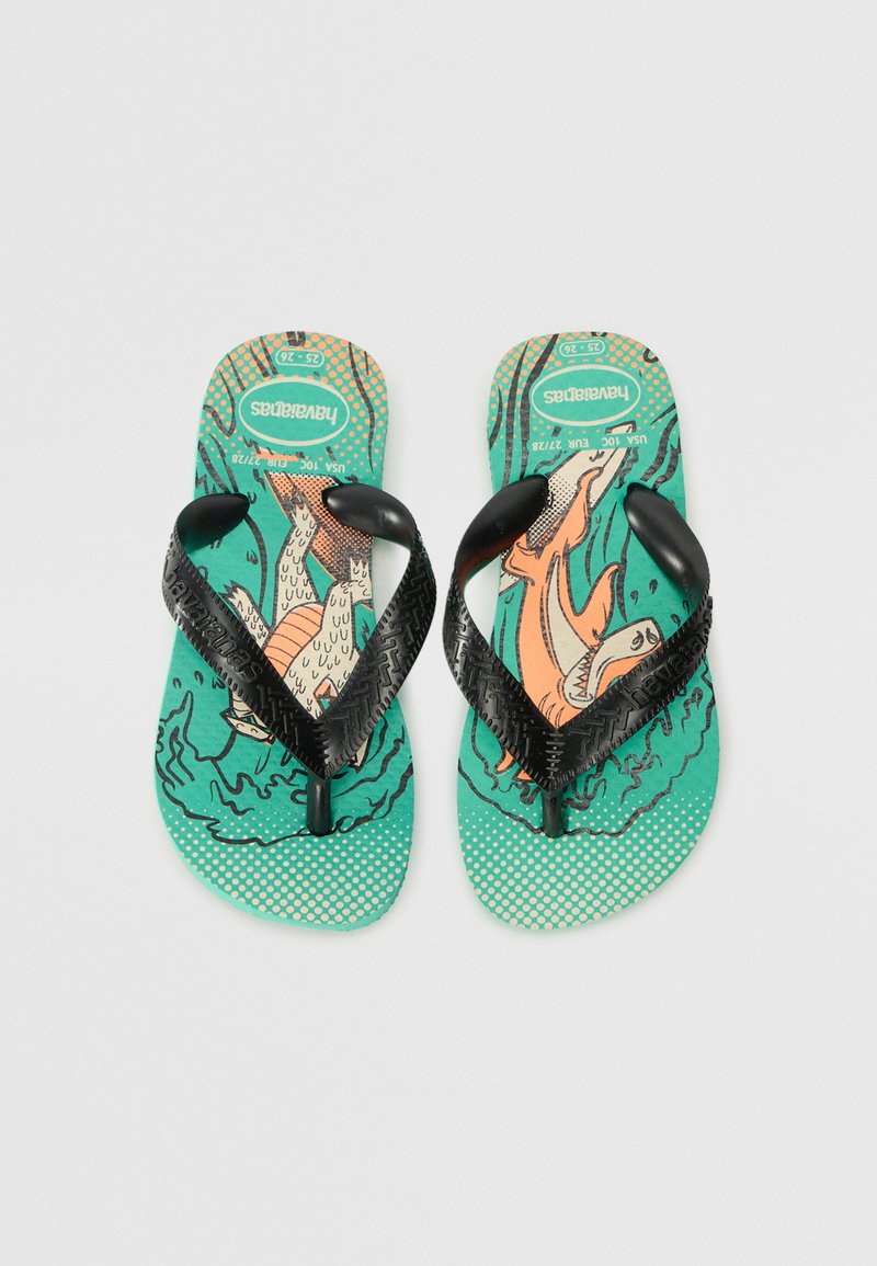Black rubber flip-flops with teal and orange graphic pattern featuring aquatic designs. Textured straps and a cushioned footbed.