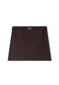 Gonna A-line marrone scuro con una sottile cintura e piccola fibbia argentata in vita su uno sfondo bianco.