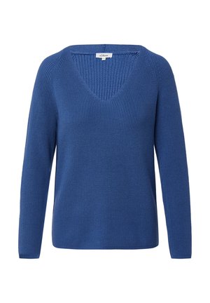 Pull en tricot bleu avec un décolleté en V, manches longues, texture côtelée et coupe décontractée. Étiquette visible au dos du col.