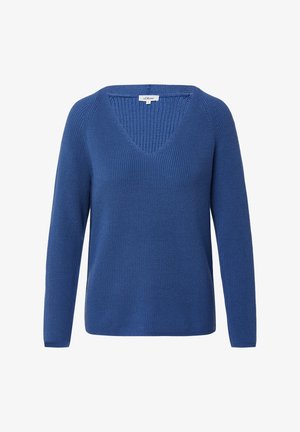 Blue knitted sweater with a V-neck, long sleeves, ribbed texture, and a relaxed fit. Label visible at the back neckline.
