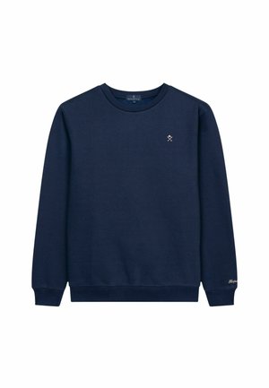 Felpa blu navy realizzata in tessuto morbido, con scollo rotondo, maniche lunghe e un piccolo logo sul petto.